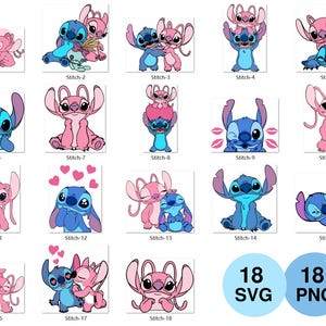 May include: A collection of 18 SVG and 18 PNG images featuring the cartoon characters Stitch and Angel. The images depict Stitch and Angel in various poses, with hearts and kisses. The color palette includes blue and pink.
