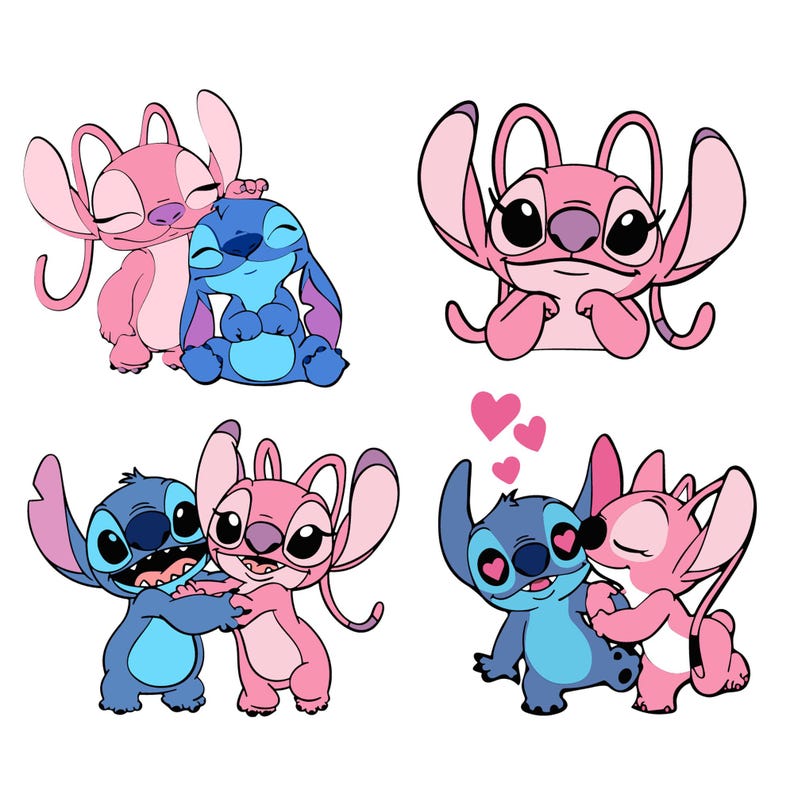 May include: Four images of cartoon characters, a blue alien and a pink alien, in various poses. The blue alien has large ears and a wide smile. The pink alien has large eyes and a sweet expression. Hearts float above one image.