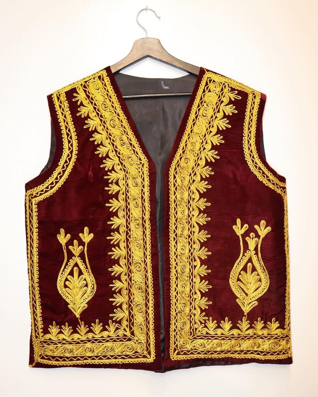Maroon Afghani Waistcoat for Men with Golden Embroidery main image 1