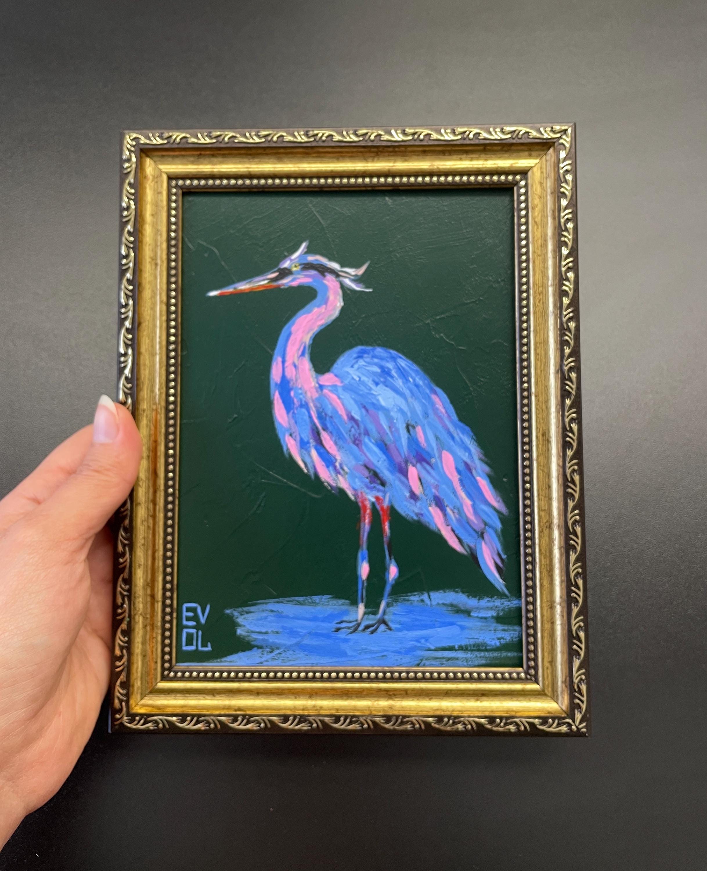 Original Marh heron painting Blue Egret artwork Great blue heron artwork Abstract heron art Blue heron Shore bird art Small art Gold frame