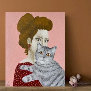 Peinture originale de chat tigré chaton gris, peinture d'oeuvre d'art animalier art de chat moderne art mural félin femmes avec chat écossais art de chat lunatique