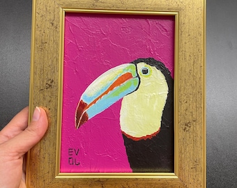 Original Toucan painting Exotic bird art Abstract toucan Tropical bird Toucan wall art Small frame art Original Gold Framed Bird lover gift