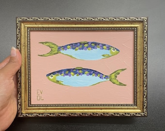 オリジナルの青いイワシの絵画 シーフード 金魚のアート 棚に飾る額入りアート イワシの壁掛けアート ミニ魚の装飾 漁師の美学 イワシのアイテム