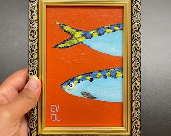 オリジナルのシーフード絵画 イワシのアート作品 海岸の魚のキッチン壁アート 金色の額縁 地中海料理のアート ミニ魚の装飾 小さな食べ物のアート
