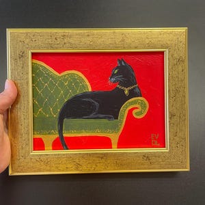 Peinture originale de chat noir, oeuvre d'art murale félin chat magique, petite oeuvre d'art encadrée, cadre doré, art cadre pour étagère, décoration de chambre coquette, art aux couleurs vives