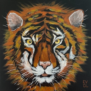 Peinture originale de tigre, portrait de tigre, art mural félin, animal en voie de disparition, chat sauvage, peinture de zoo, oeuvre de la vie sauvage, animal de zoo, tigre coloré