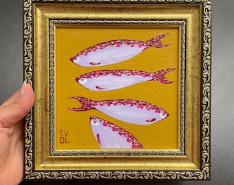 Original sardines painting Filipino fish food art Sardine Seafood Gold Framed fish Fisherman aesthetic Marine life artwork