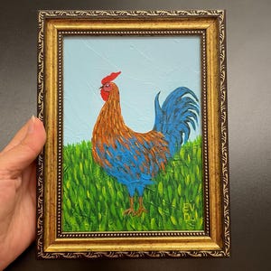 Peinture originale de coq Oeuvre d'art de poulet Cadeau d'amant de coq Art coloré de coq Art de poulet Art populaire Americana Décoration de chambre d'enfant Cadre doré