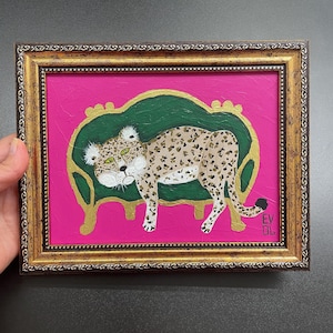 Origineel luipaardschilderij Jaguar Panther Cheetah Wilde kat kunstwerk kleurrijke luipaard dierentuinkunst gouden lijst