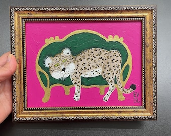 Original leopard painting Jaguar Panther Cheetah Wild cat artwork Colorful leopard Zoo art Gold Frame