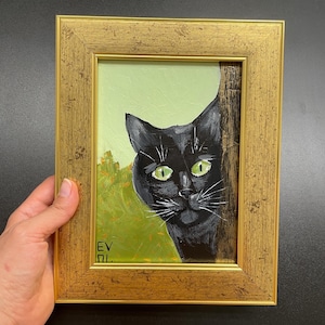 Peinture originale de chat noir Oeuvre d'art de chat Oeuvre d'art de chaton mignon Art mural félin, peinture de chat drôle, peinture de chaton, petite peinture d'art encadrée, cadre doré