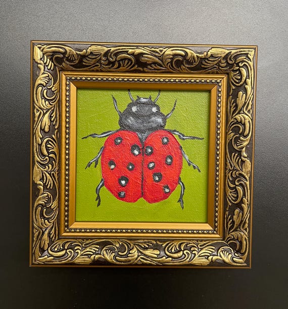 Original ladybug painting Insect artwork  Moth wall art Tiny painting Entomology art Ladybug wall art Mini canvas Gold frame original framed