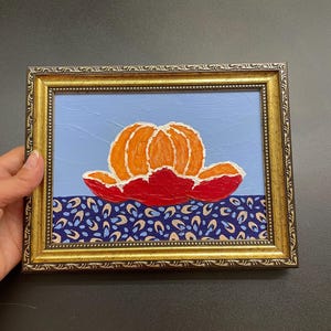 Original Mandarin Painting Tangerine Citrus art Mood fruit art Lemon artwork Vegetable painting Gold frame Citrus still life mini painting