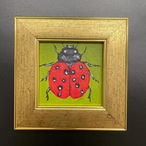 May include: A framed painting of a ladybug. The ladybug is red with black spots and a black head, set against a green background. The painting is in a gold-colored frame, creating a decorative piece.