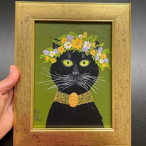 Peinture originale de chat noir, portrait de chat, chaton mignon, art mural félin, chat drôle, petit cadre, cadre doré, art de chat moderne, décoration d'étagère dorée