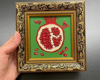 Original pomegranate painting Mini kitchen art Pomegranate Moody fruit art Armenian food Gold framed shelf decor Tiny food art