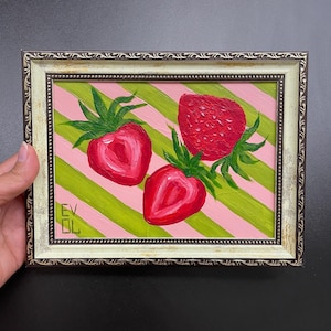 Tranche de fraises originales peinture oeuvre de baies sucrées peinture baies mini art de cuisine mur de galerie de fruits petit art encadré décoration d'étagère