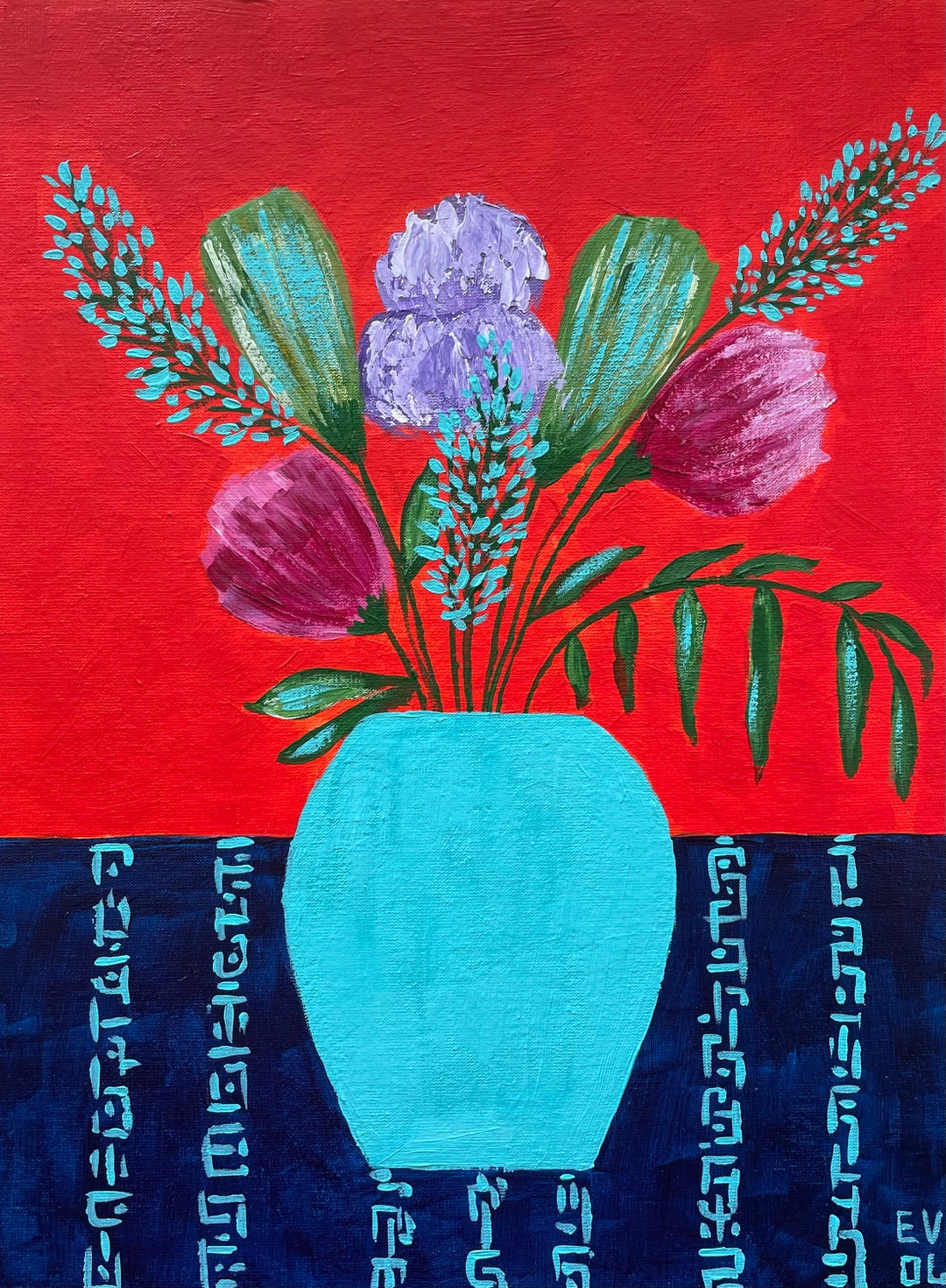 Original Irises Bouquet Painting Purple Iris Artwork Floral Still Life ...