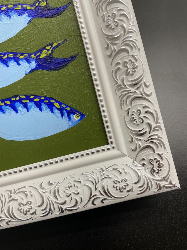 Original blue sardines painting Filipino fish food art Sea life painting Small Framed fish art Sea animal Sardine items Fisherman aesthetic image 9