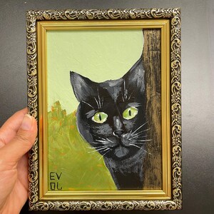 Original black cat painting Cat artwork Cute kitten artwork Feline wall art Funny cat painting Tiny cat art Small framed art Gold frame