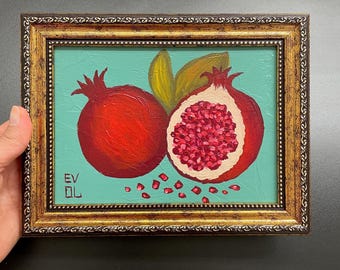 Original Pomegranate painting Armenian Food artwork Kitchen shelf decor Slice fruit Moody fruit Gold frame Vegetable painting Healthy food