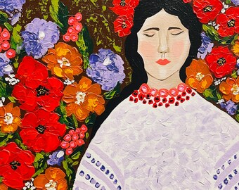 Original Ukrainian Ethnic women painting Female Ukraine culture Palette knife art Red poppy Ukraine Traditional art Signed original artwork