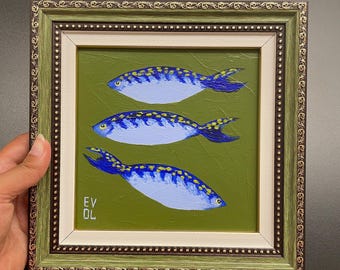 Original blue sardines painting Filipino fish food art Sea life painting Small Framed fish art Sea animal Sardine items Fisherman aesthetic
