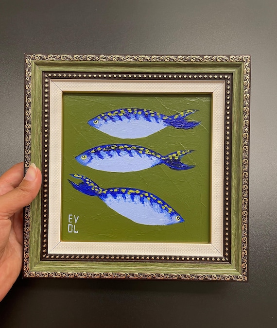 Original blue sardines painting Filipino fish food art Sea life painting Small Framed fish art Sea animal Sardine items Fisherman aesthetic
