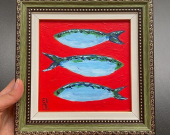 オリジナルの青いイワシの絵画フィリピンの魚料理アートイワシのアートワーク海の生物の絵画金枠小さな棚額入り魚アート海の動物