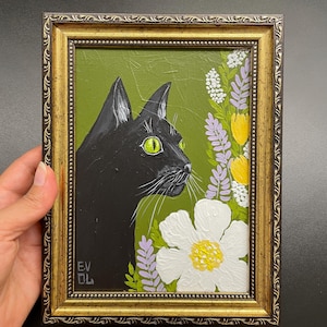 Peinture originale de chat noir, art mural félin, art original de chat moderne, oeuvre d'art drôle de chat, décoration de salle d'eau, décoration d'étagère dorée, mini cadre