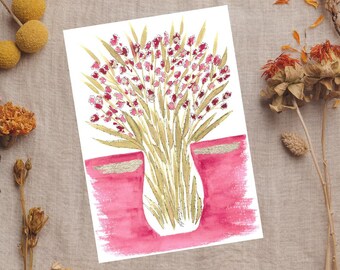 Original watercolor bouquet vase painting Signed original art Flora still life Gold leaf Hand-painting Wild Flower Art Botanical Minimal Art