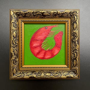 Original red shrimp painting Seafood Kitchen shelf art Culinary Mediterranean food art Gold frame fish art Fisherman aesthetic Shrimp art