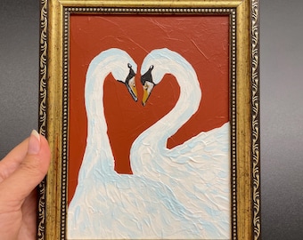 Original couple swan painting White swan artwork Love bird Trumpeter swans Gold frame Small shelf art Wild bird Mini art Coastal-bird art