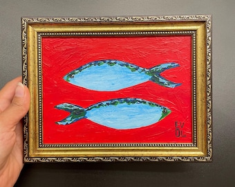 オリジナルの青いイワシの絵画 金枠の棚飾り 魚のアート コケットルームの飾り 小さな額入りシーフードアート 漁師の美学
