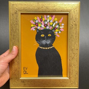 Peinture originale de chat noir, oeuvre de chat magique, petite oeuvre d'art encadrée, cadre doré, oeuvre d'art de cadre d'étagère, décoration de chambre coquette, oeuvre d'art moderne encadrée originale de chat