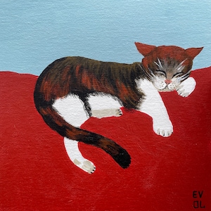 Peinture originale de chat mignon art de chaton chat endormi kitty peinture chat tigré chat drôle peinture art mural félin chambre d'enfant chat calicot