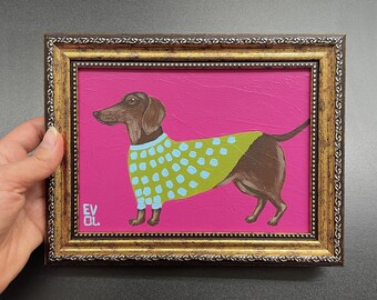 Original dachshund painting Hunting dog artwork Hand-painted pet Gold Framed Modern dog portrait Dachshund lover gift