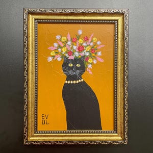 Peinture originale de chat noir Portrait de chat Oeuvre d'art Kitty Décoration de chambre d'enfant Art de chaton mignon Art mural félin Funny cat Petit cadre encadré Cadre doré