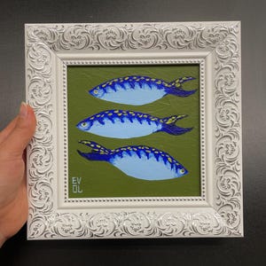 Original blue sardines painting Filipino fish food art Sea life painting Small Framed fish art Sea animal Sardine items Fisherman aesthetic image 4