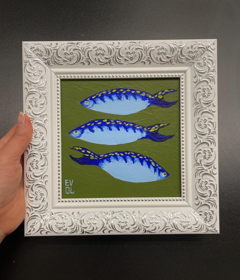 Original blue sardines painting Filipino fish food art Sea life painting Small Framed fish art Sea animal Sardine items Fisherman aesthetic image 4