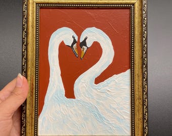 Original couple swan painting White swan artwork Love bird Trumpeter swans Gold frame Small shelf art Wild bird Mini art Coastal-bird art