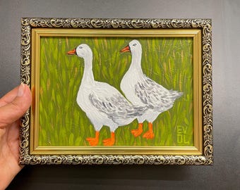 Original white goose painting Geese art Canadian goose art Duck painting Farm animal painting Canada geese art Gold frame Small shelf art