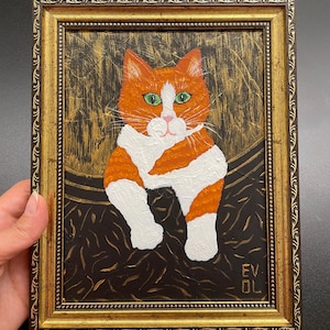 Peinture originale de chat tigré Ginger cat portrait Oeuvre de chat Chat tigré brun Calico Kitty art art vintage chat art encadré petit cadre doré