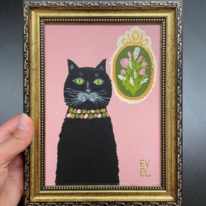 Peinture originale de chat noir, art moderne de chat, décoration d'étagère mini dorée, art mural félin, oeuvre d'art drôle de chat, décoration de salle d'eau, art magique de chat noir