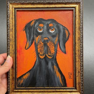 Dipinto originale di cane da caccia tedesco a pelo corto nero, opera d'arte, decorazione per la casa, ritratto dipinto a mano con cornice dorata, cane GSP