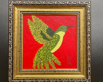 Original hummingbird painting Minimal bird art Bird lover gift Abstract hummingbird Colibri artwork Vibrant bird Small framed art Gold frame