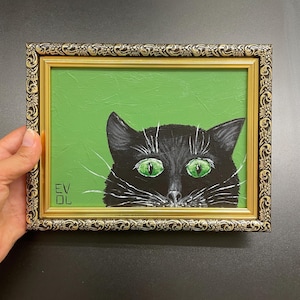 Original black cat painting Cat portrait Whimsical Mini art framed Gold framed art Black kitten Сat&#39;s face Shelf art