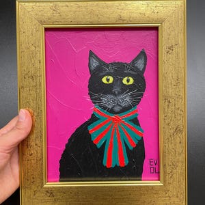 Peinture originale de chat noir encadré portrait de chat chat lunatique art chaton vif petit art encadré cadre doré art magique de chat noir art étagère