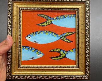 Original seafood painting fish food artwork Sardines canvas Fisherman aesthetic Mediterranean food Gold shelf decor Louisiana seafood art