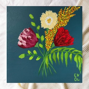 Original Mimosa painting Square bouquet Moody floral still art flower artwork Herb painting Botanical herb art Original Mimosa Canvas art